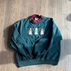 Vintage Green Crewneck Sweater with Embroidered Dolls